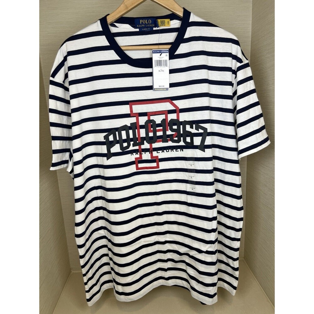 Polo Ralph Lauren 1967 Men's SZ XL/TG Striped Logo T-Shirt Navy White Red